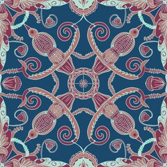 Seamless pattern in Empire style, scarf with radial symmetry, cuckoo and floral elements on a blue background. Suitable for interior, wallpaper, fabrics, clothing, stationery.