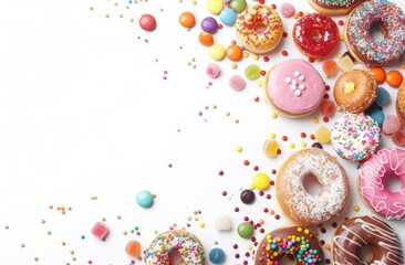 Fototapeta na wymiar Colorful sweet donuts and candies on a white background with copy space for design. Close up pink donuts with colorful sprinkles on a yellow background in a flat lay top view copy space