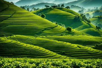 Stof per meter rice terraces in island, Immerse yourself in the serene beauty of nature with a captivating image featuring a lush tea field plantation background, where verdant tea leaves stretch as far as the eye c © SANA