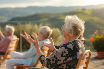 of elderly people practicing chair yoga on a sunlit terrace overlooking rolling hills. Senior Citizens Day