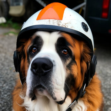 St. Bernard dog in a plastic rescue helmet, pet companion assistant rescuer, close-up portrait
