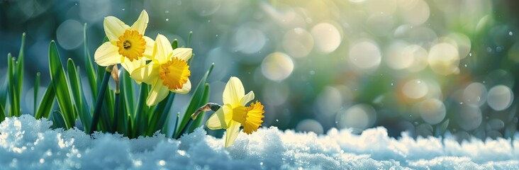 A photo of daffodils growing through the snow, with sunlight shining on them © Sergiy