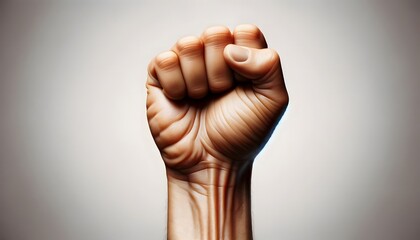 A single clenched fist is presented against a neutral gradient background, conveying a strong message of determination or protest.