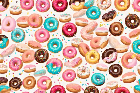 seamless pattern with donuts, Indulge in the temptation of sweets with a captivating image featuring a mouthwatering donut background, adorned with colorful sprinkles and delectable glaze