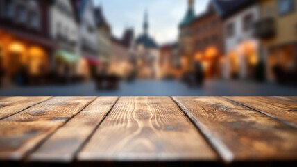 The empty wooden table top with blur background of town square. Exuberant image. generative AI