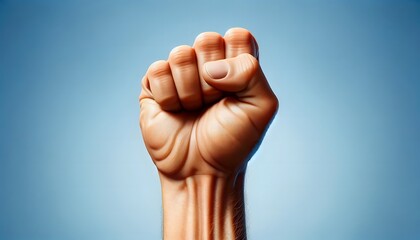 A single clenched fist is raised powerfully against a gradient blue background.