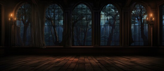 A dark room illuminated by numerous windows, casting shadows and light patterns across the space. The windows are the main source of brightness in an otherwise dimly lit room.