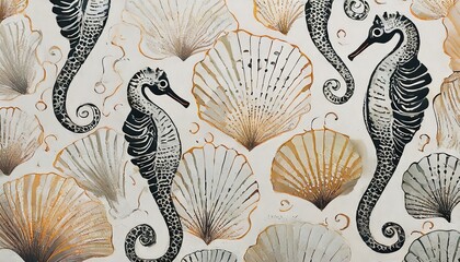 Wzór z konikami morskimi i muszlami
 - obrazy, fototapety, plakaty