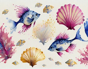 Kolorowy wzór z rybami i muszlami na białym tle, tapeta, ilustracja
 - obrazy, fototapety, plakaty