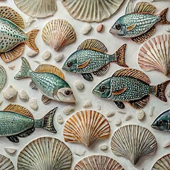 Tapeta 3D z rybami i muszlami
 - obrazy, fototapety, plakaty