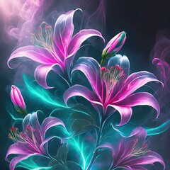 Kwiaty lilii w neonowych, opalizujących kolorach spowity mgłą na czarnym tle
 - obrazy, fototapety, plakaty
