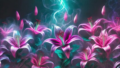 Kwiaty lilii w neonowych, opalizujących kolorach spowity mgłą na czarnym tle
