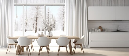 A minimalist dining room featuring a wooden table surrounded by sleek white chairs. The room is adorned with minimal decor, with a large window showcasing a white landscape.