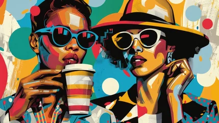 Schilderijen op glas Fashionable female figures in a vibrant pop art style enjoying a casual outing. © Hip