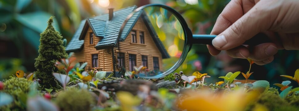 Hand holding a magnifying glass focused on a miniature wooden house amidst autumn foliage, depicting property inspection or real estate evaluation.