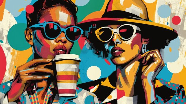 Fashionable female figures in a vibrant pop art style enjoying a casual outing.