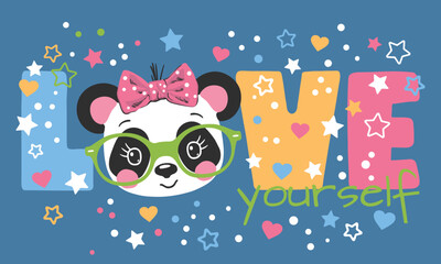 Love Yourself slogan text with cute panda girl face on dark background for t-shirt graphics, fashion prints, slogan tees, posters and other uses
