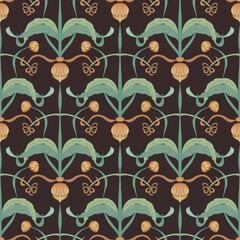 Fototapeta premium Seamless pattern in art nouveau style with leaves, bent stems, berries and flowers on a black background. Suitable for interior, wallpaper, fabrics, clothing, stationery.