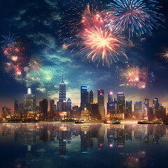A city skyline with fireworks in the background.