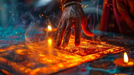 Close-up of hands delicately placing tarot cards on a table, surrounded by burning incense, tarot card reading - obrazy, fototapety, plakaty