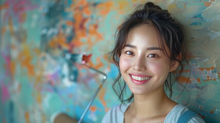 A smiling woman painting the wall of her house with a roller brush. Asian woman changing the wall color of her house to white home interior,generative ai