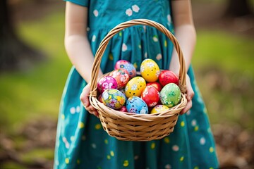 Basket of Brightly Colored Colorful Easter Eggs - obrazy, fototapety, plakaty