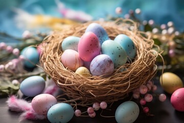 Fototapeta na wymiar Basket of Brightly Colored Colorful Easter Eggs