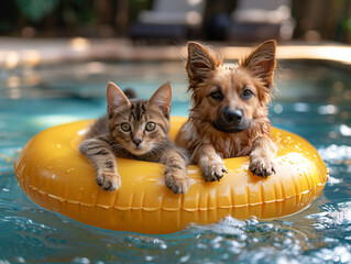 Cat and dog sharing a yellow float in a pool.
