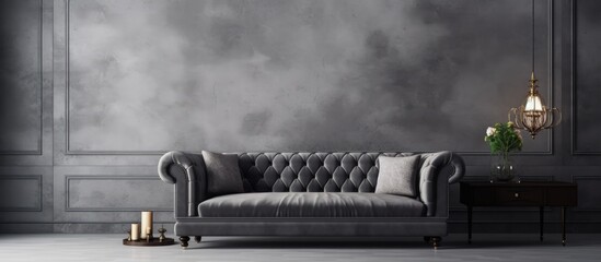 A black and white photo showing a stylish couch in a modern luxury living room. The sofa set complements the rooms elegant aesthetic against an empty grey patterned wall background.