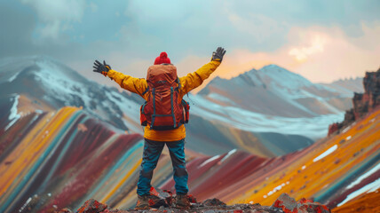 a man tourist is standing with both hands raised After successfully conquering the peak , on top of a mountain,Vinicunca Rainbow Mountain,generative ai - obrazy, fototapety, plakaty