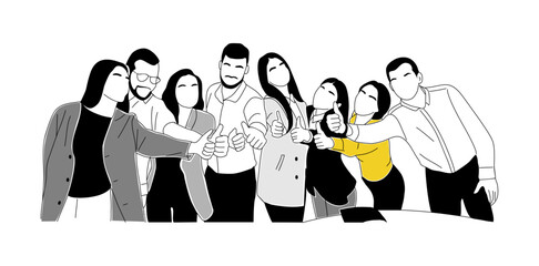 Team work business concept illustrations. Young men and women standing together with thumbs up. Modern vector simple outline drawing for graphic and web design. Isolated on transparent background.