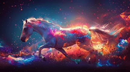 Fotobehang A captivating abstract painting featuring a horse in full stride against a vivid and compelling backdrop. © Hip