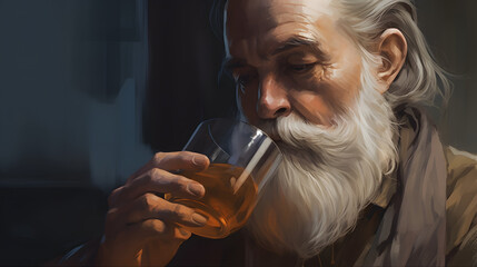 a man with a white beard sipping a clear glass of tea