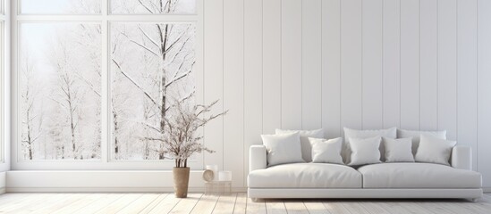 A white couch sits in a minimalist living room, positioned next to a window. The room features wooden floors and a large white landscape on the wall.