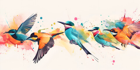 Birds illustration watercolor colorful bird is flying on the isolated white background