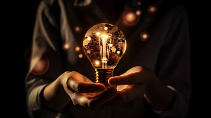 a person holding a light bulb with icons of technology
