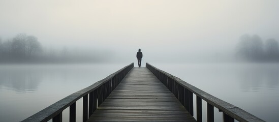 A man stands alone on a wooden pier, surrounded by thick morning fog. The silhouette of the person is barely visible against the misty backdrop of the lake. - obrazy, fototapety, plakaty