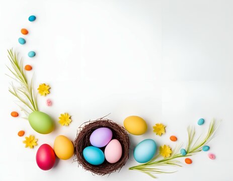 festive wallpaper with Easter elements in the corner of the image, top view, on a white background, with an empty space to copy