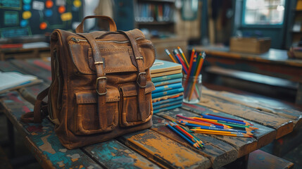 School backpack and different colored school equipment on the table in a classroom