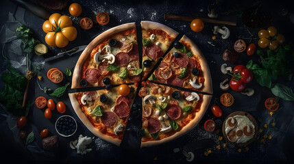 Obraz na płótnie Canvas a pizza cut into pieces on a black table