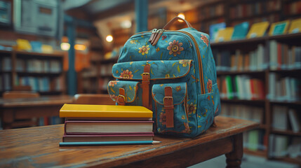 School backpack and different colored school equipment on the table in a classroom - obrazy, fototapety, plakaty