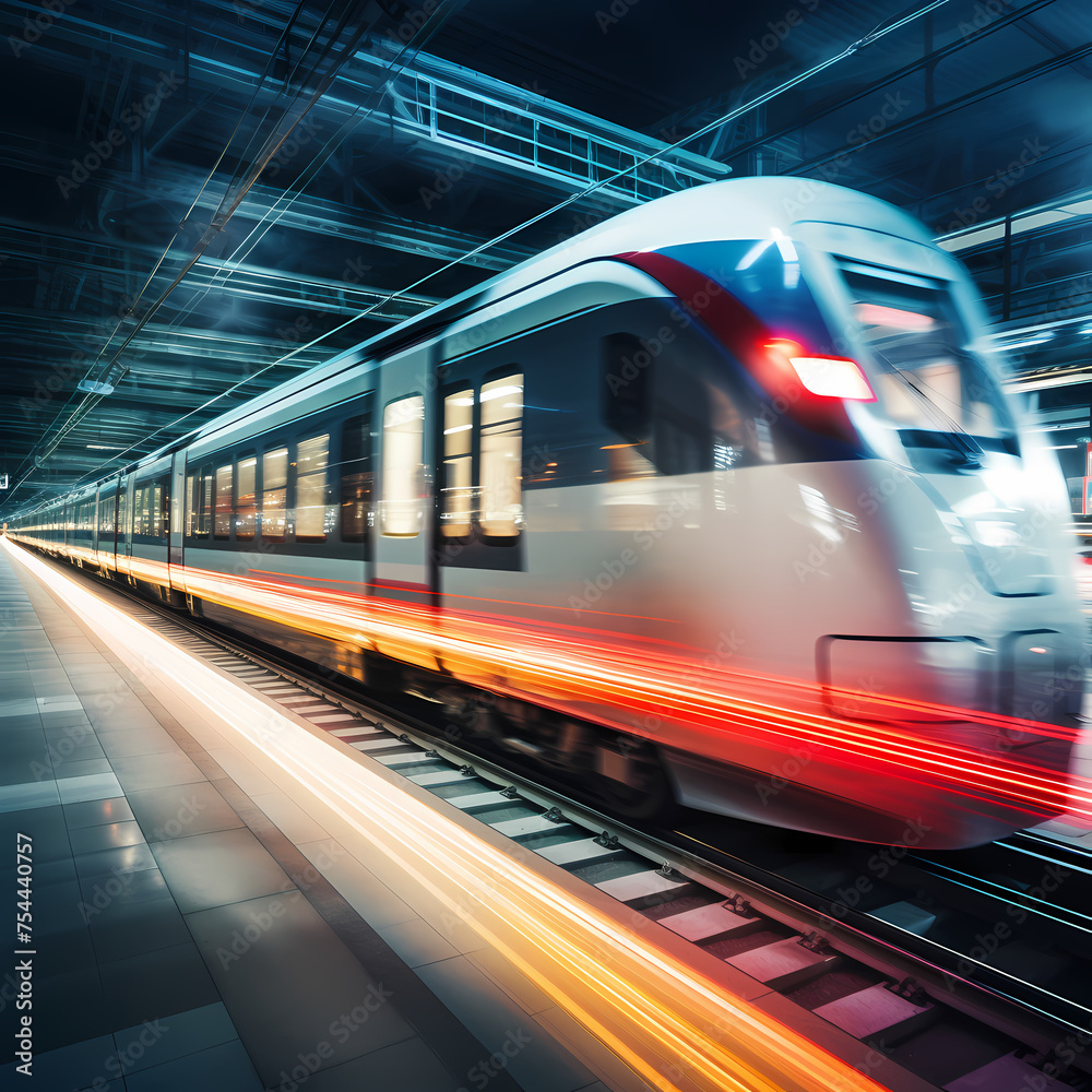 Sticker A commuter train in motion with blurred lights.