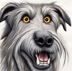 A close-up digital portrait of a gray dog with striking amber eyes and a joyful expression dominates the frame. The dog's mouth is open, showcasing a pink tongue and white teeth, suggesting a happy or