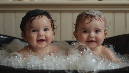 Babies laughing in bathtub, overflowing with bubbles.generative ai