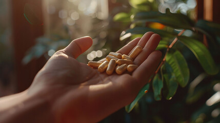 Close up of a hand holding vitamins - obrazy, fototapety, plakaty