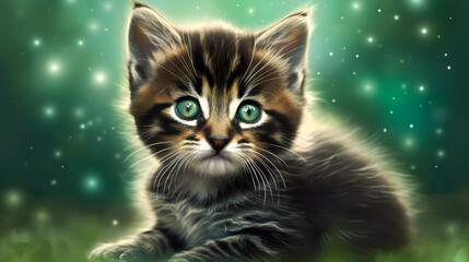 a realistic cute kitten with a sparkly green background