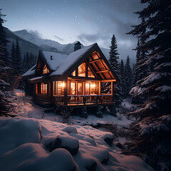 A cozy cabin in the snowy mountains. 