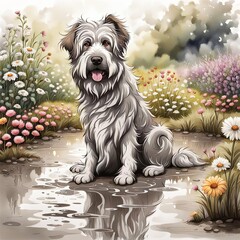 A fluffy dog sits contentedly in a puddle, surrounded by a lush garden of colorful flowers. Clouds hang gently in the sky above, contributing to the tranquil and cheerful atmosphere the scene conveys