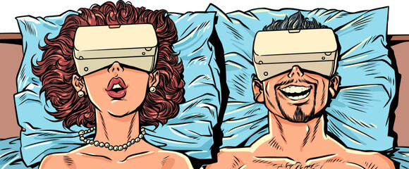 A man and a woman are lying in bed with VR devices. Alternative virtual reality and interaction with it. New technological objects as a problem of modern society.