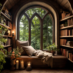A cozy reading nook with a window seat.